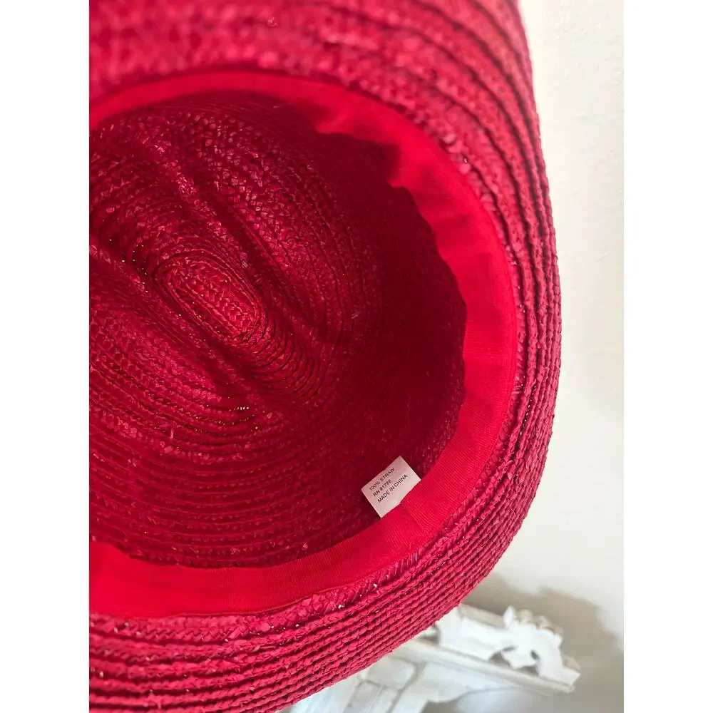 Vintage Women’s Red 100% Straw Wide Brim Hat with Rose and Tulle Accent